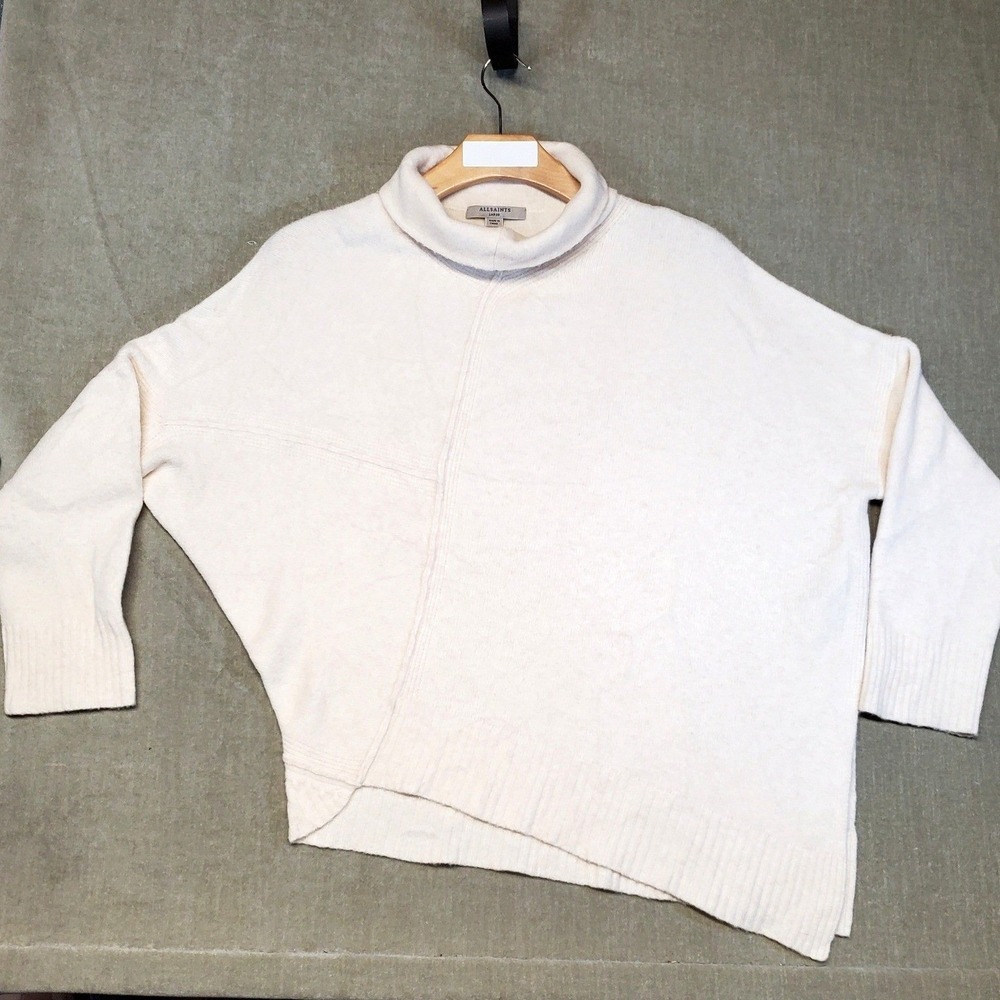 AllSaints Lock Roll Neck Asymmetric Wool Yak Blend Sweater Cream Large